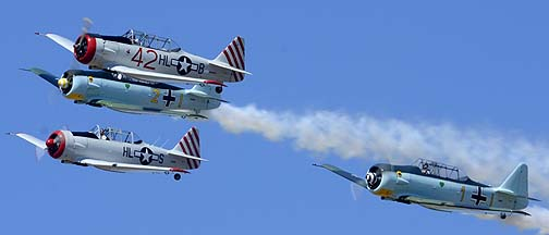 Condor Squadron North American SNJ-4 N7969C, SNJ-4 N86WW Sugarfoot, AT-6C N16730, and SNJ-6 N2863G, August 17, 2013